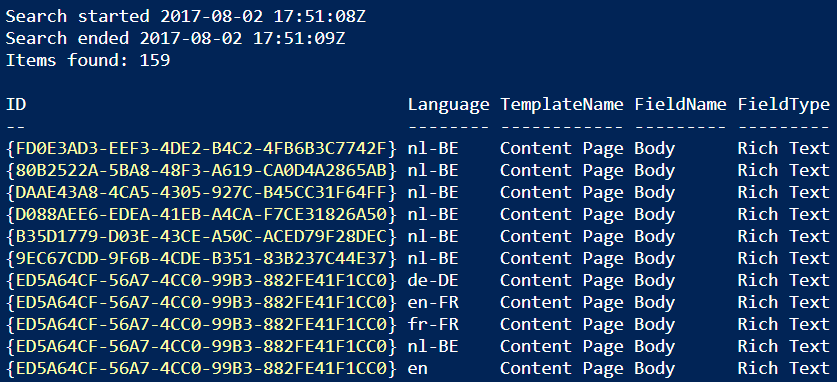 Result from the PowerShell script